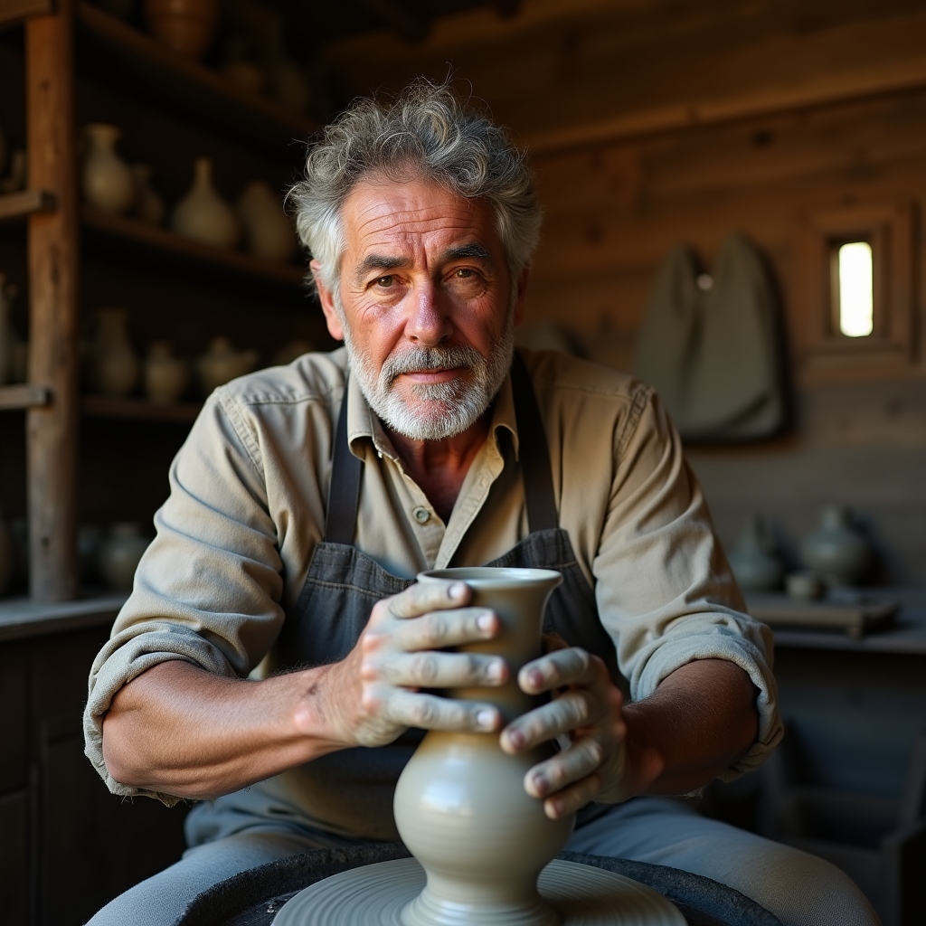 Meșter din Bucovina modelând un vas de lut la roata olarului, într-un atelier tradițional