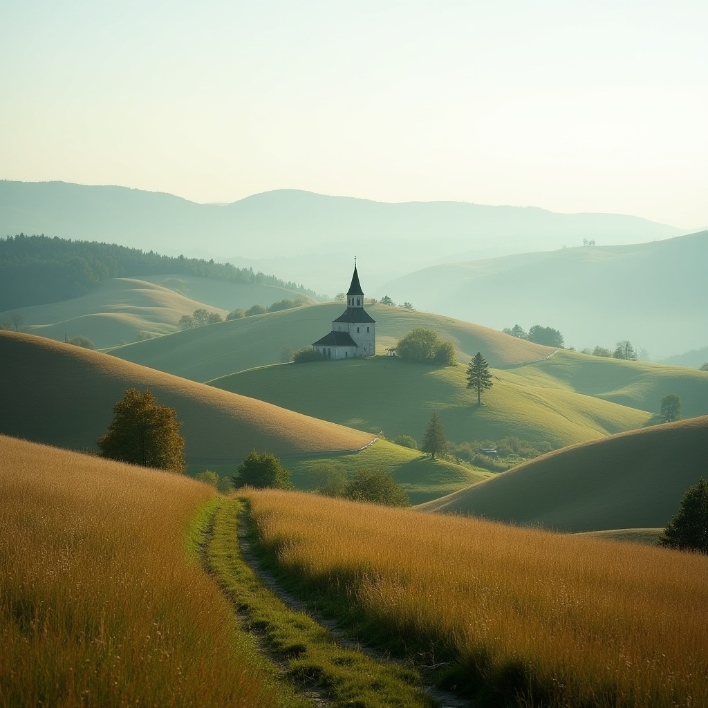 Peisaj de toamnă din Bucovina, cu dealuri împădurite și lumină difuză